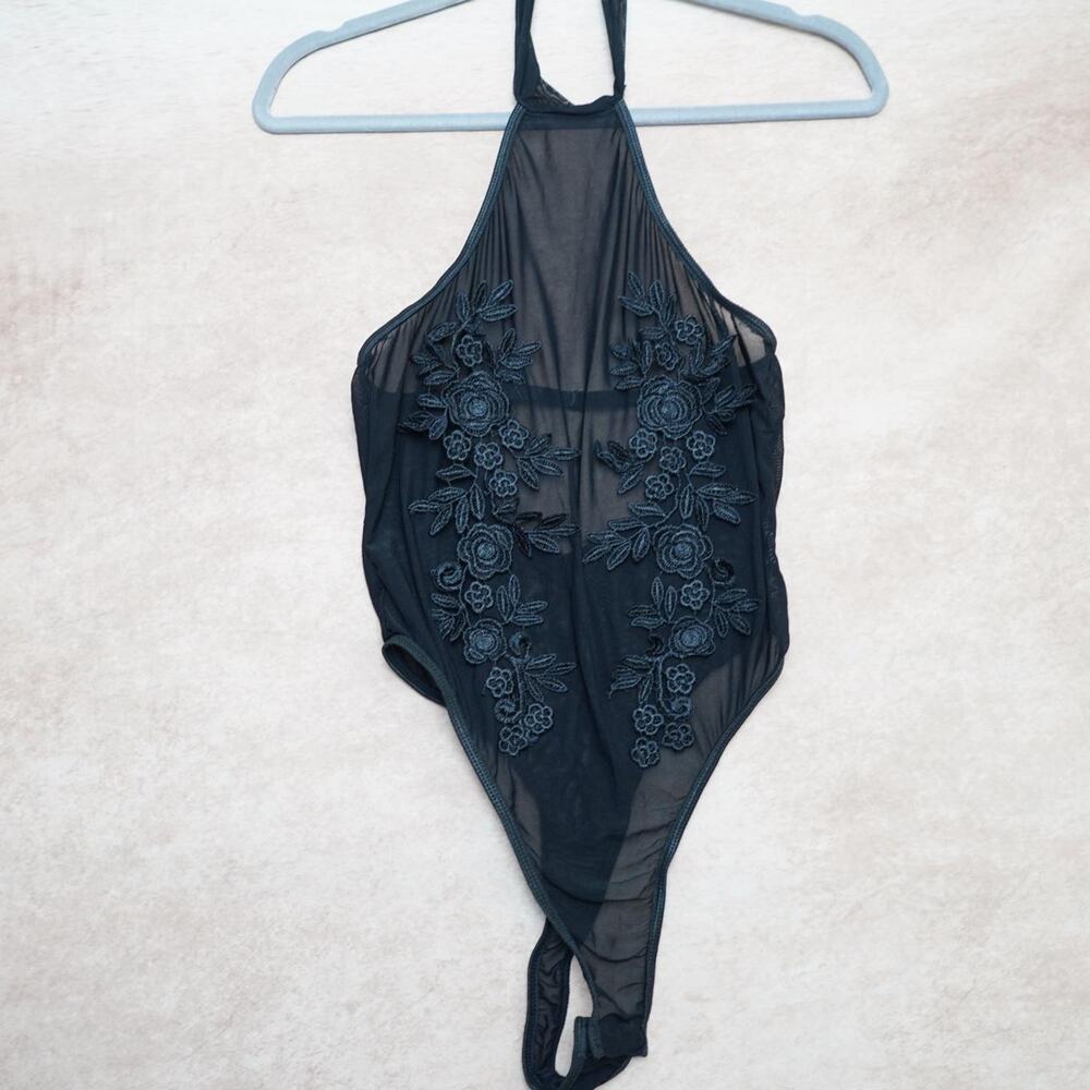 Black Mesh Floral Halter Thong Bodysuit Large